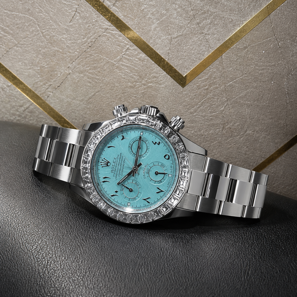 Rolex Daytona silver-tone watch close-up with crystal-set bezel