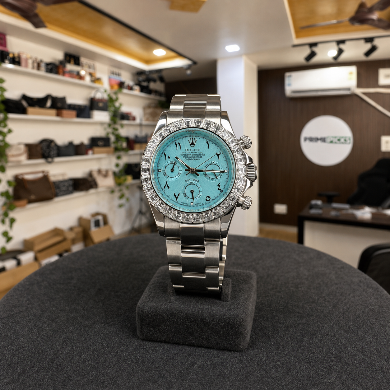 Rolex Daytona men’s watch front view in the Primepicks office