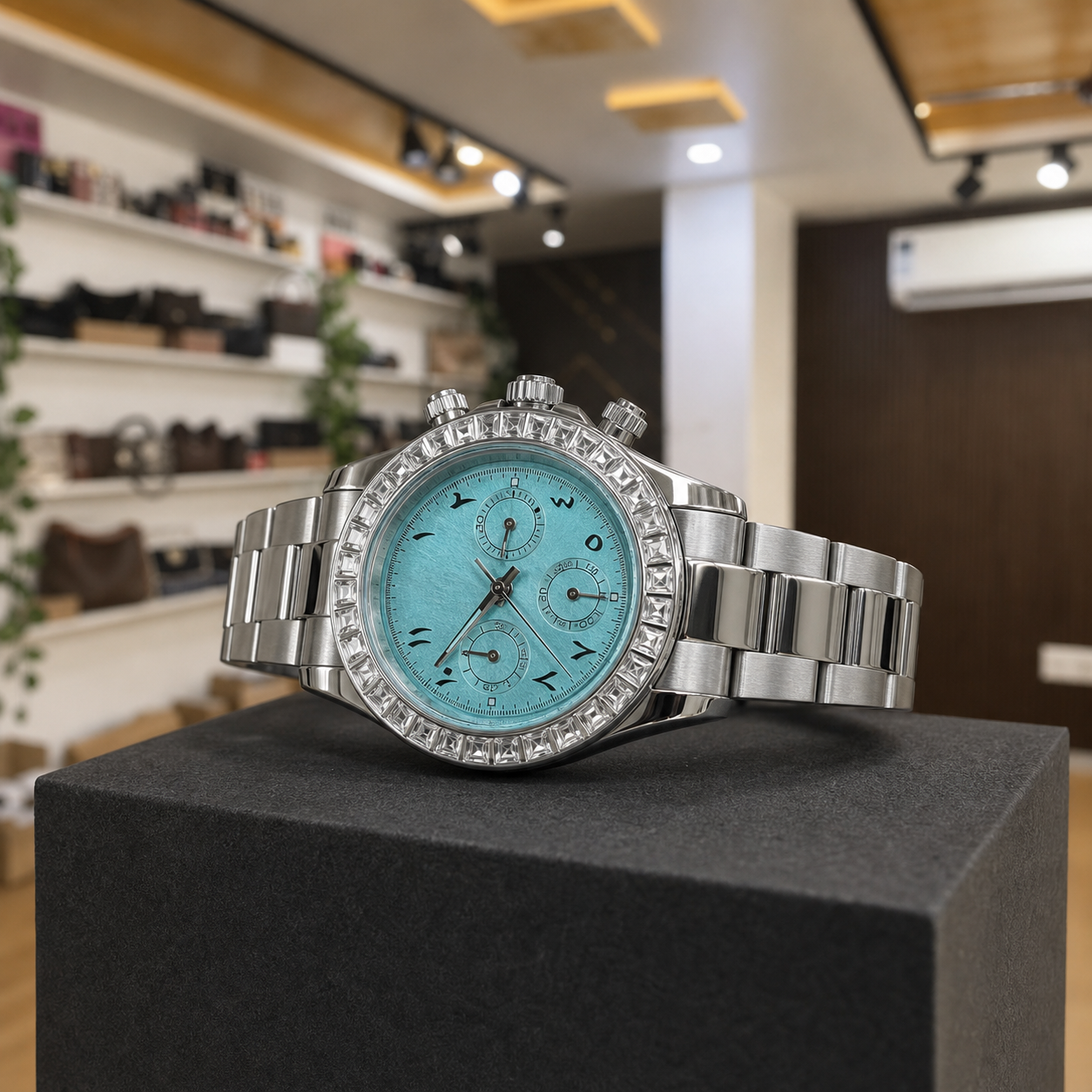 Rolex Daytona sky-blue dial watch three-quarter office display