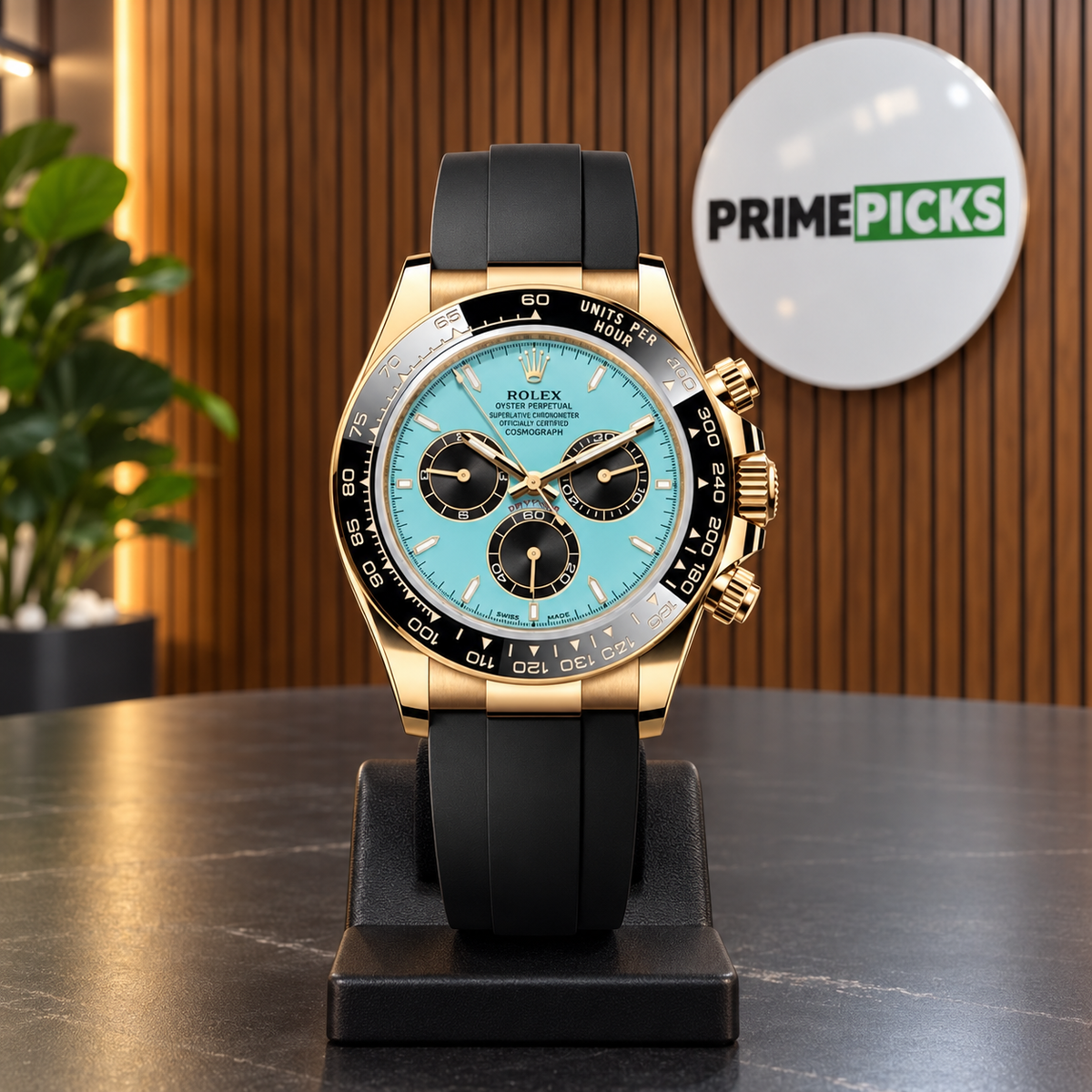 Rolex Daytona-style automatic watch with Tiffany-blue dial in the PrimePicks office