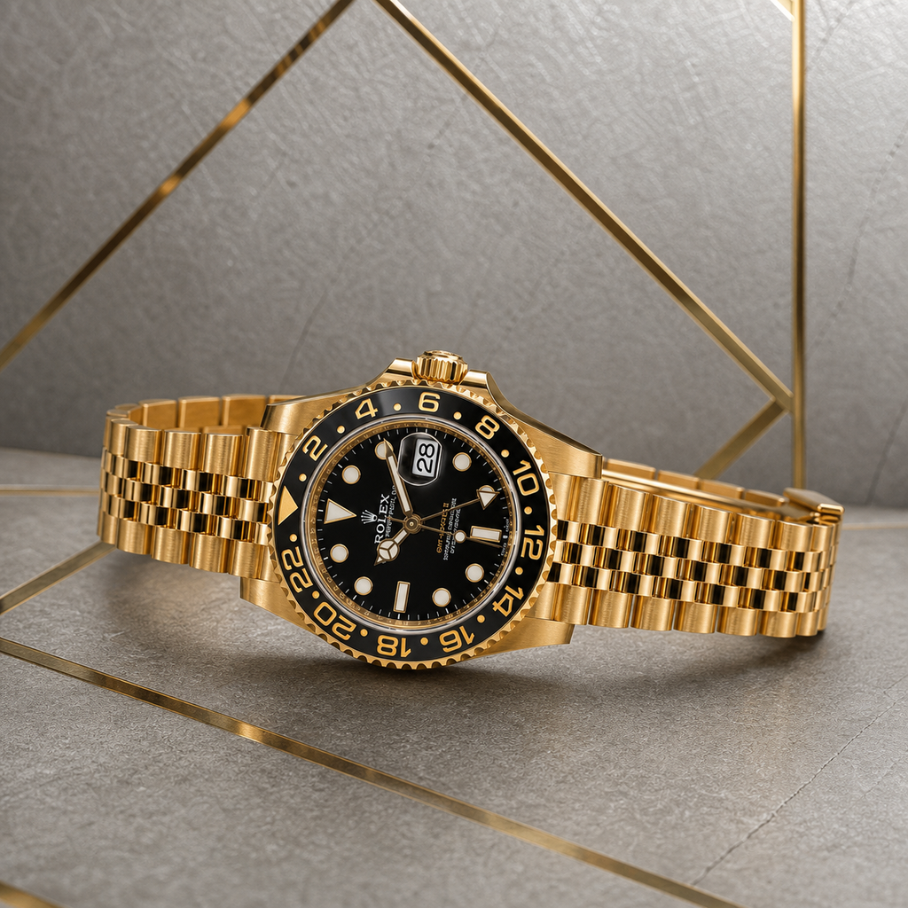 Rolex GMT-Master II gold-tone watch three-quarter bracelet view
