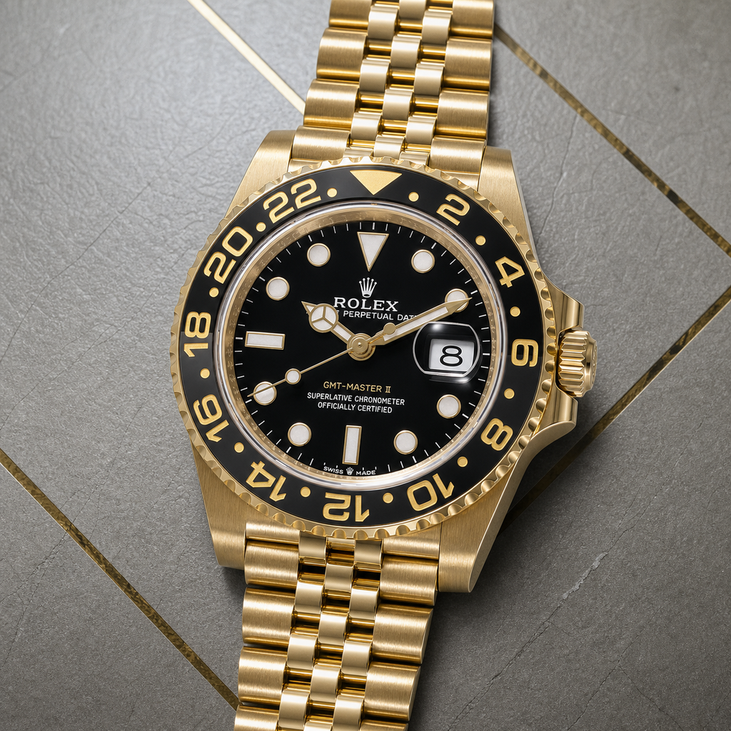 Rolex GMT-Master II black dial bezel and date detail