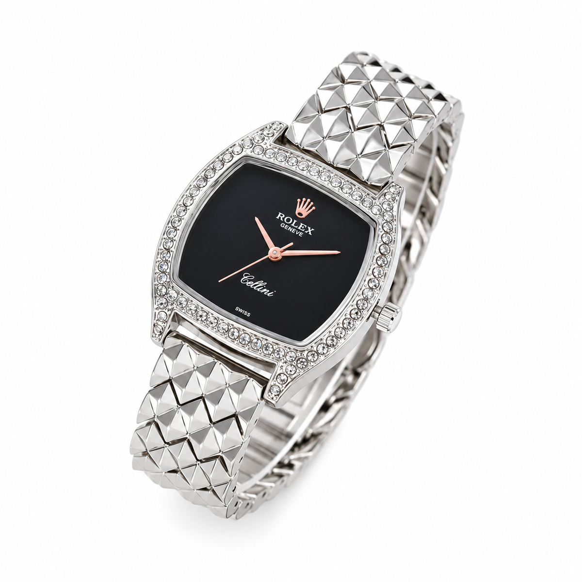 Rolex ladies square black dial crystal bezel watch on white background