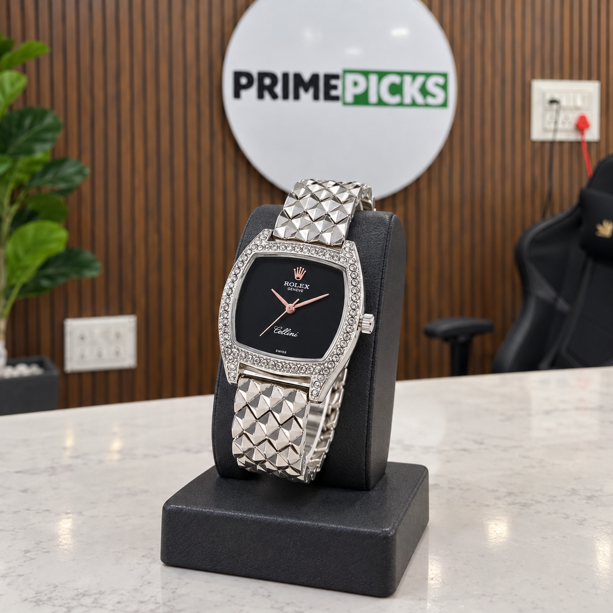 Rolex ladies square black dial watch displayed in the PrimePicks office