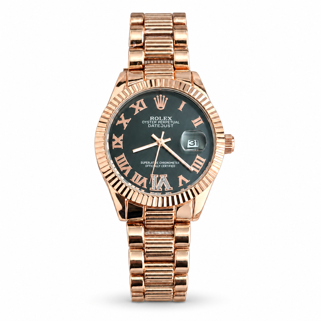 Rolex Lady DateJust women’s rose-gold-tone watch on white background