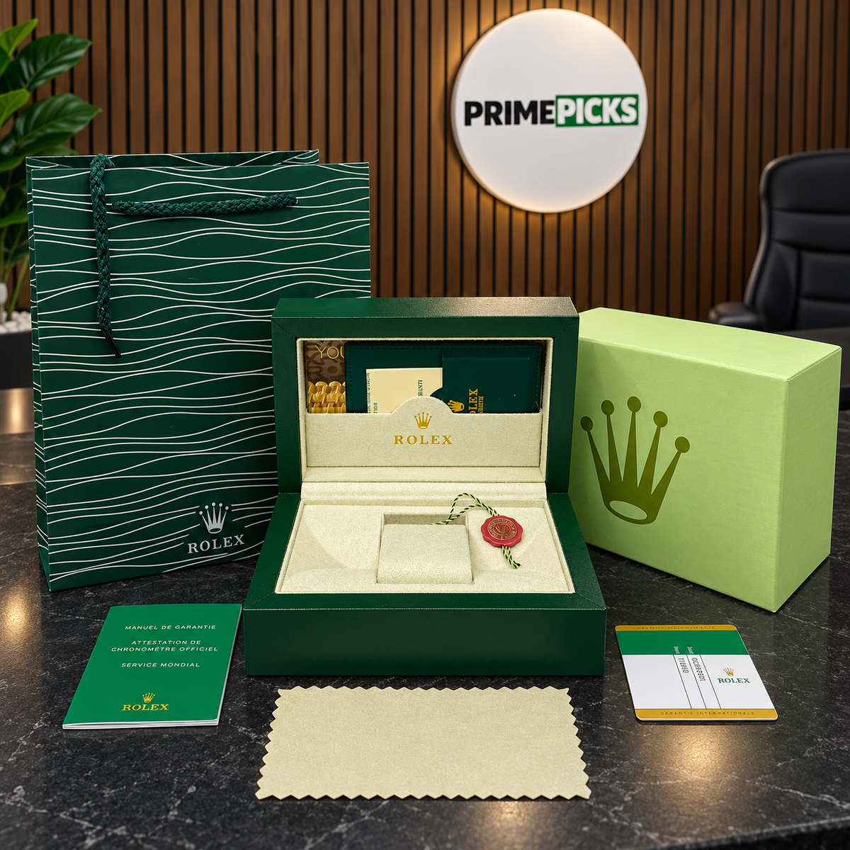 Optional Rolex-style OG-box package in the PrimePicks office
