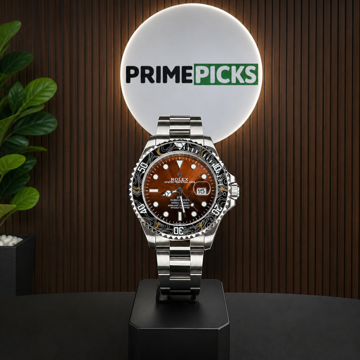 Rolex Submariner orange dial patterned bezel watch at PRIMEPICKS logo wall