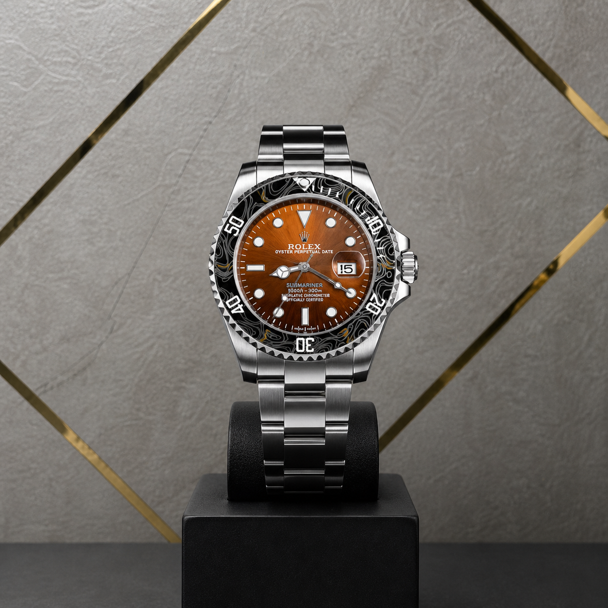 Rolex Submariner orange dial patterned bezel watch on gray and gold office wall