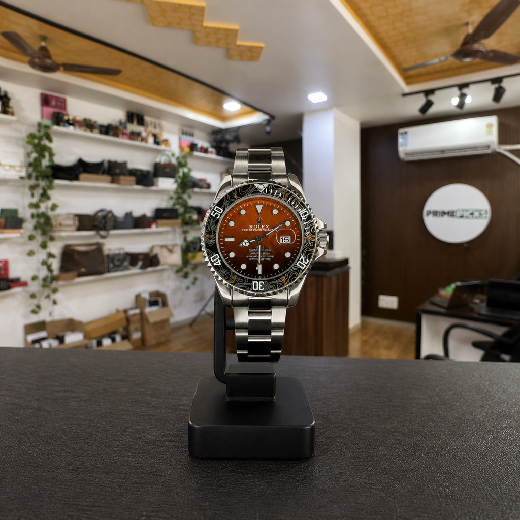 Rolex Submariner orange dial patterned bezel watch in Primepicks office