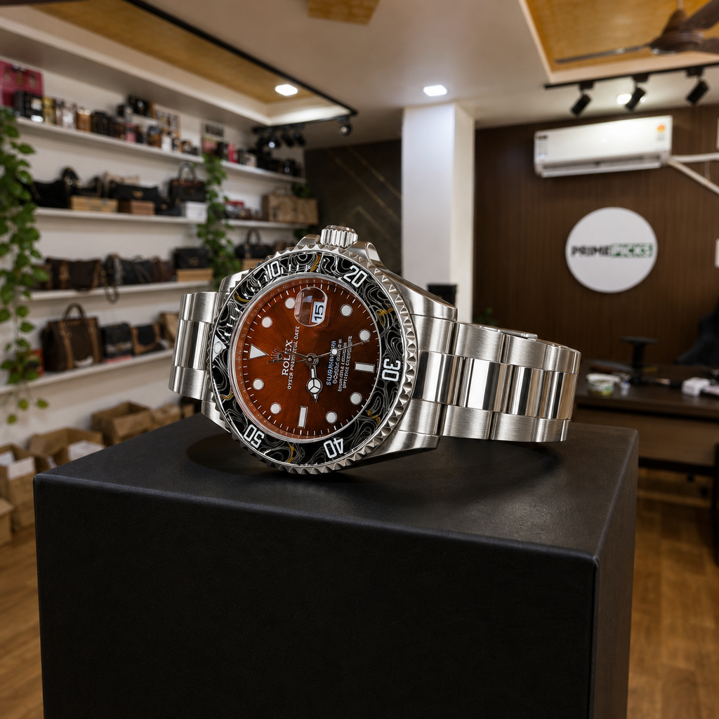 Rolex Submariner silver bracelet and case profile in Primepicks office