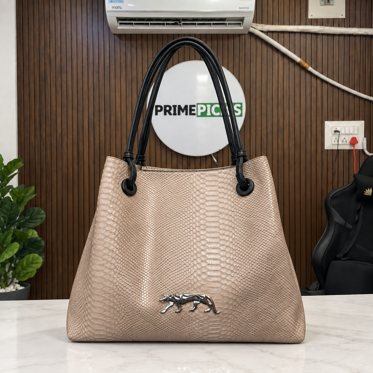 Sabyasachi beige croco-texture travelling tote bag in the PrimePicks office