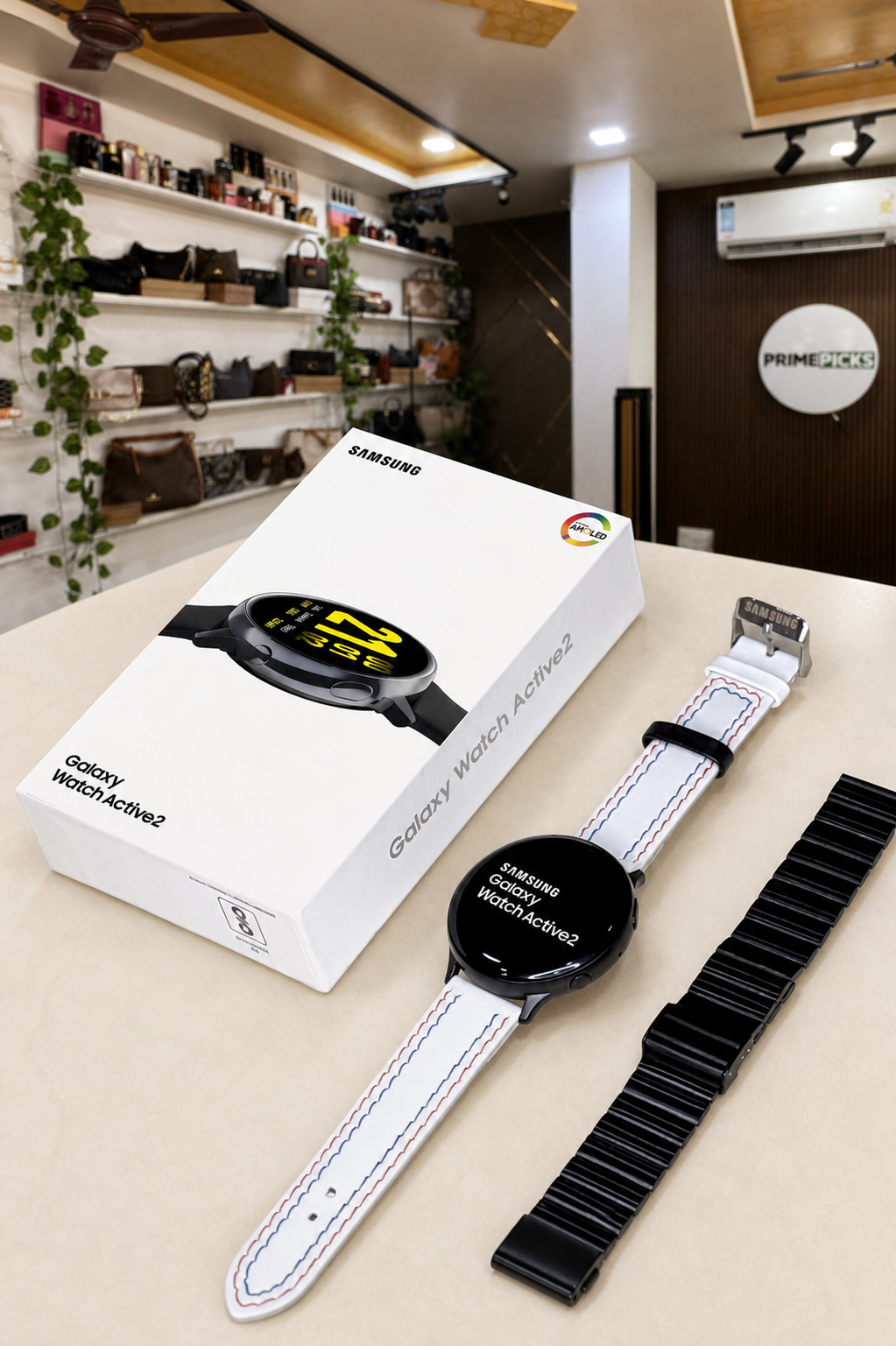 Samsung Galaxy Watch Active2 complete set displayed in the Primepicks office