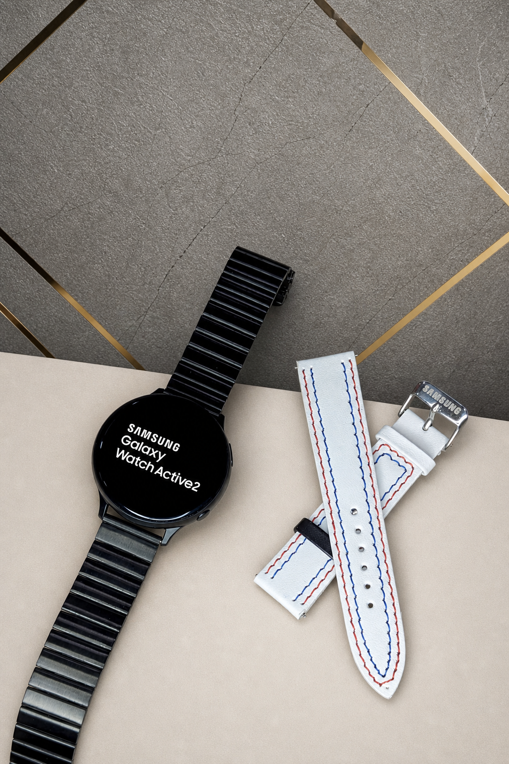 Samsung Galaxy Watch Active2 shown with its two included straps