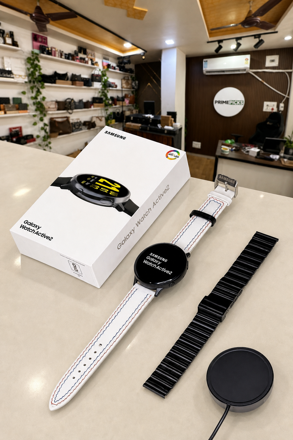 Samsung Galaxy Watch Active2 box contents displayed in the Primepicks office