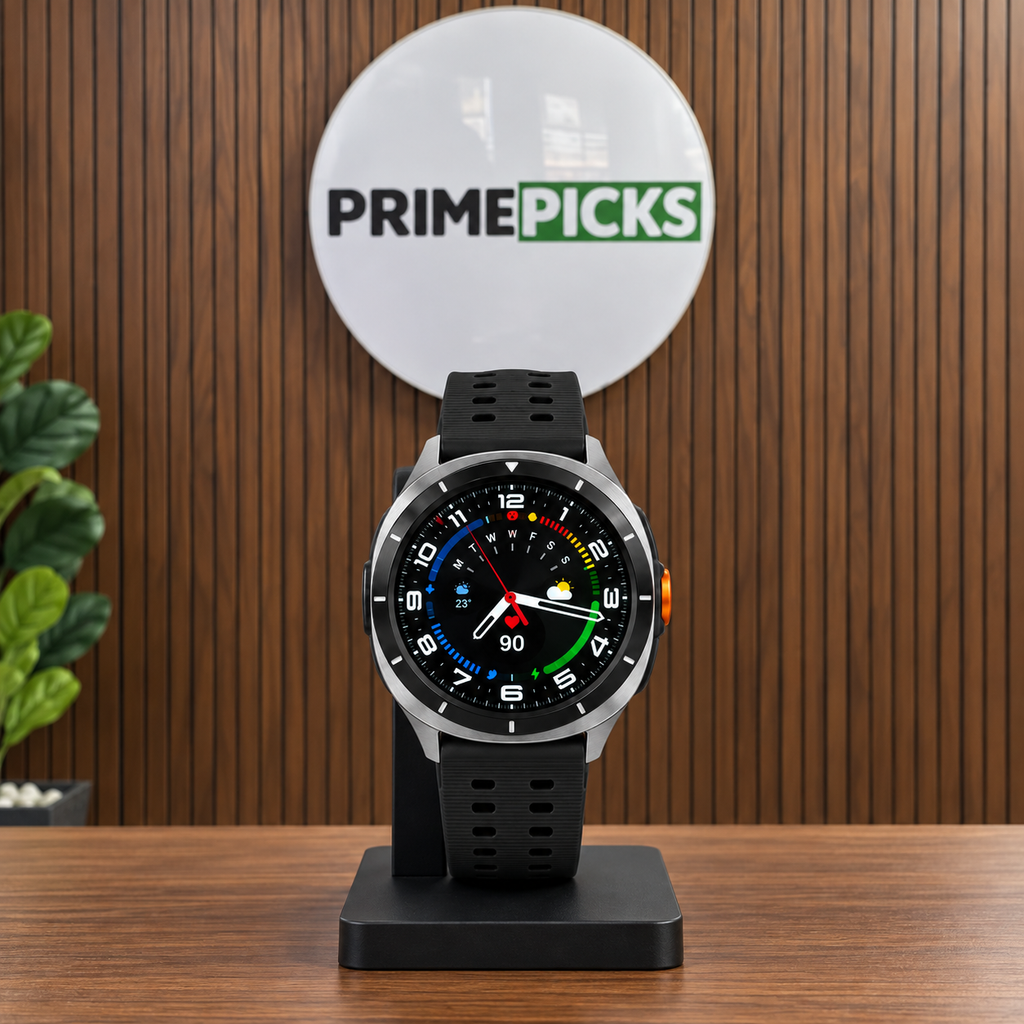 Samsung Watch 8 Ultra smartwatch in the PrimePicks wood-wall office