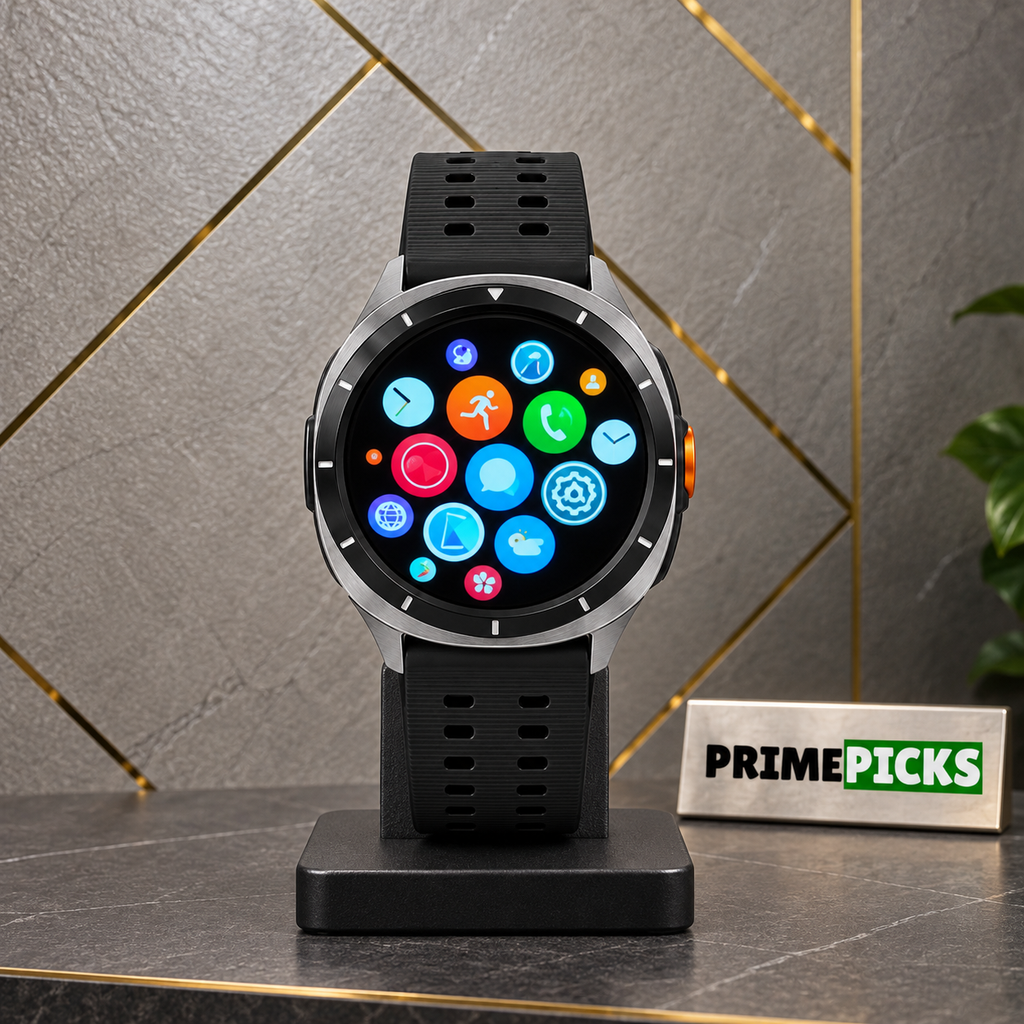 Samsung Watch 8 Ultra smartwatch showing the app menu in the PrimePicks office