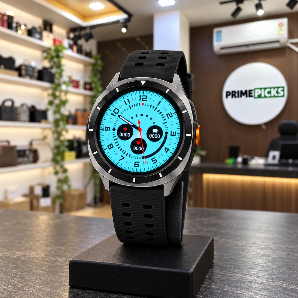 Samsung Watch 8 Ultra smartwatch showing an alternate watch face in the PrimePicks showroom