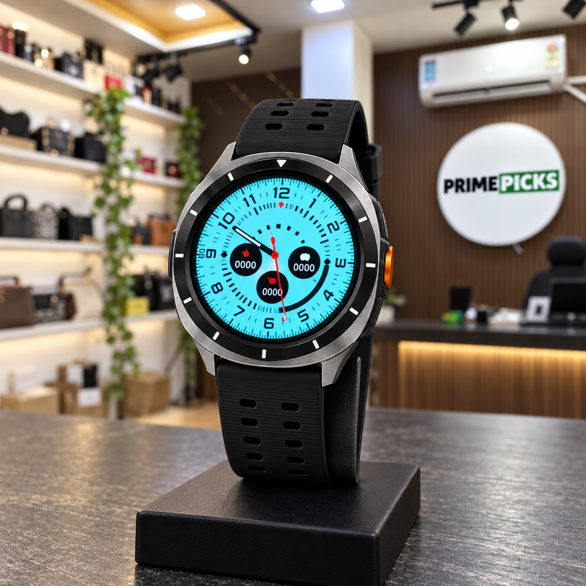 Samsung Watch 8 Ultra smartwatch showing an alternate watch face in the PrimePicks showroom