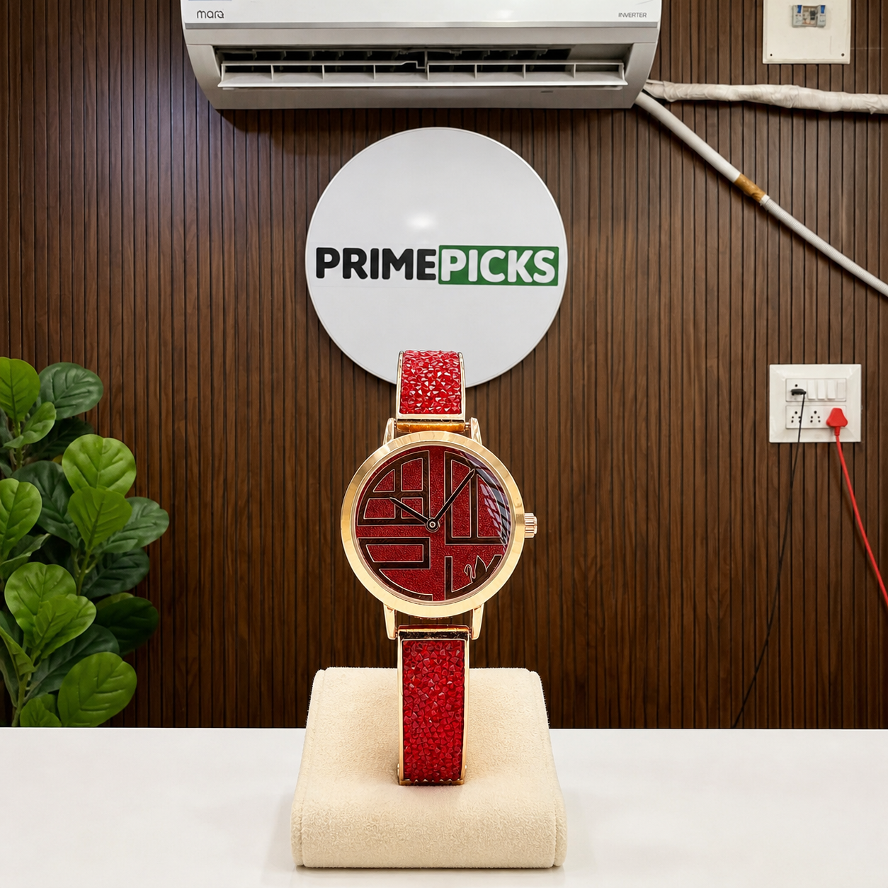 Swarovski Cosmic Rock red and rose gold tone women's watch at the Primepicks office logo wall