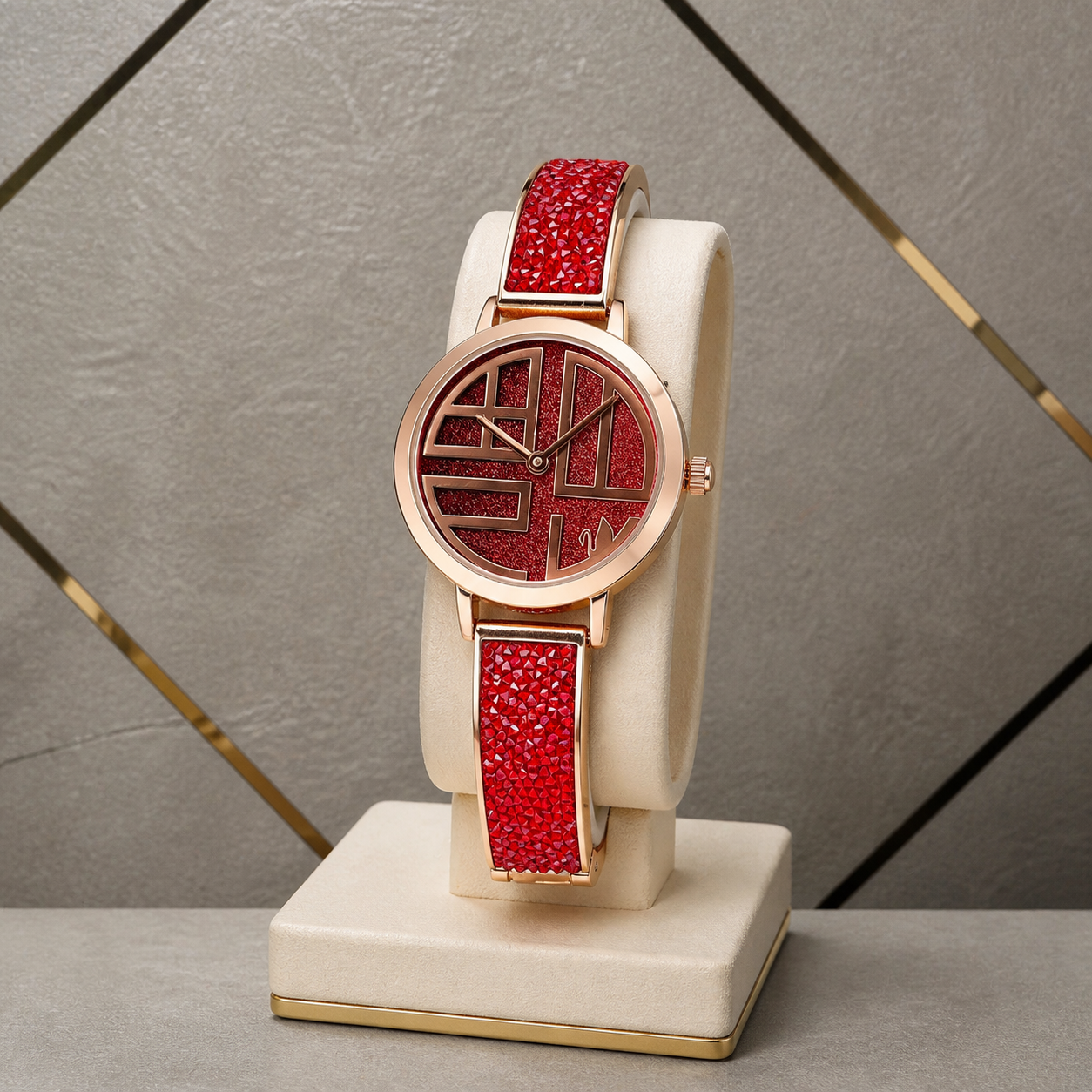 Swarovski Cosmic Rock red and rose gold tone women's watch against the Primepicks grey and gold office wall