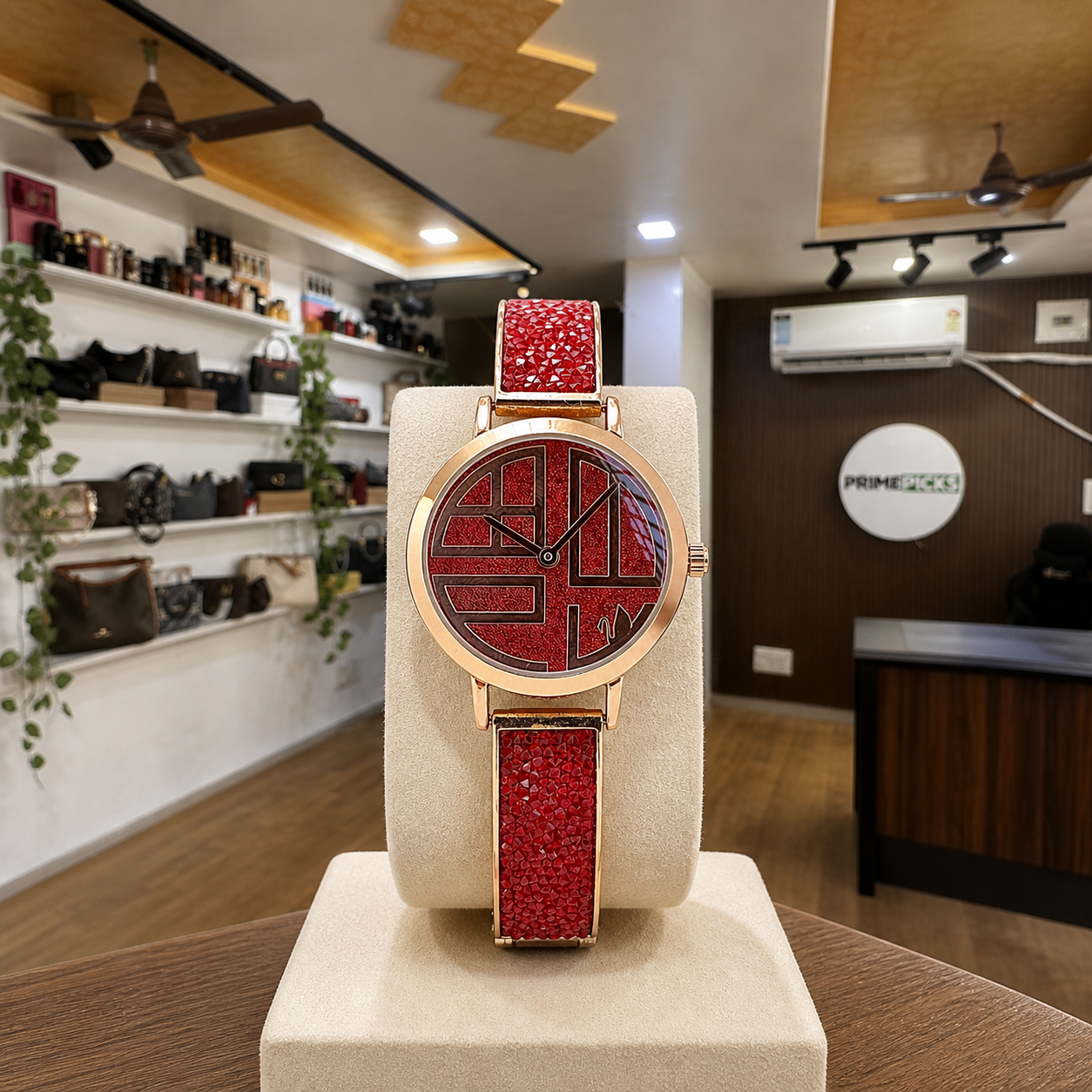 Swarovski Cosmic Rock red and rose gold tone women's watch in the Primepicks showroom