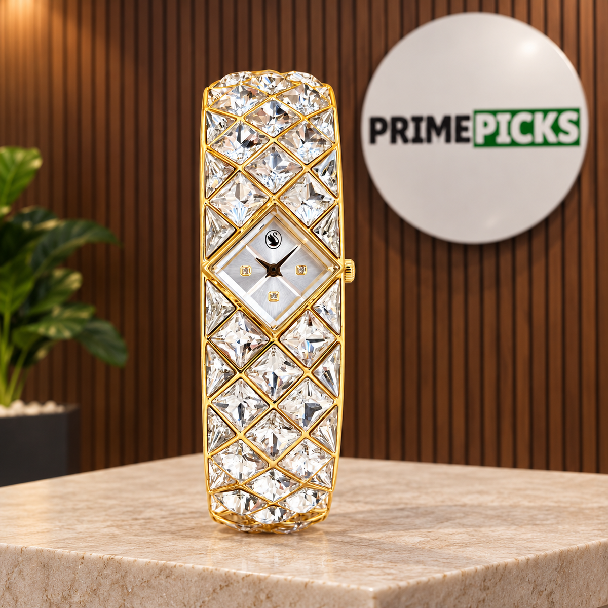 Swarovski Curiosa crystal bangle watch in Gold Tone in PrimePicks office