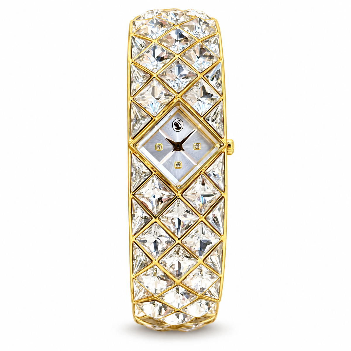 Swarovski Curiosa crystal bangle watch in Gold Tone on white background