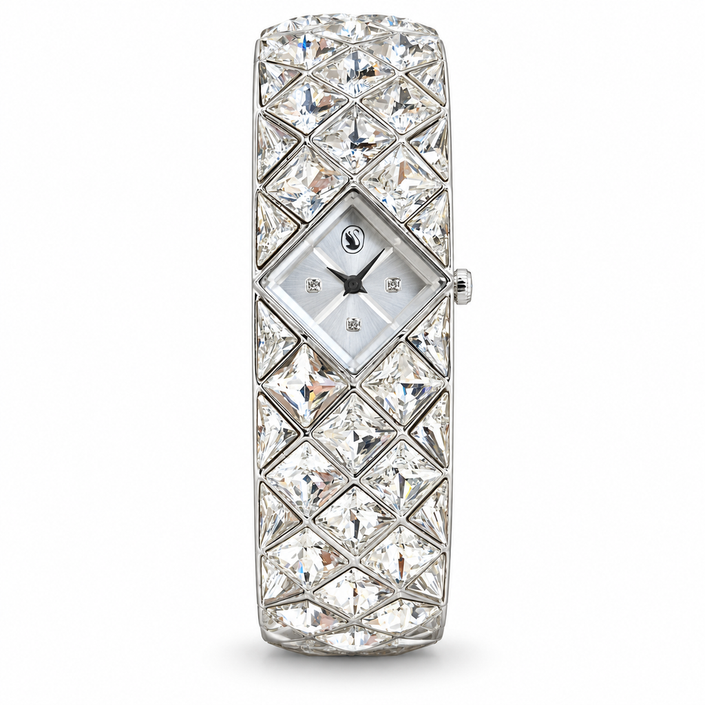 Swarovski Curiosa crystal bangle watch in Silver Tone on white background