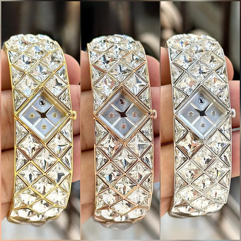 Swarovski Curiosa crystal bangle watch in Gold, Rose Gold and Silver tones
