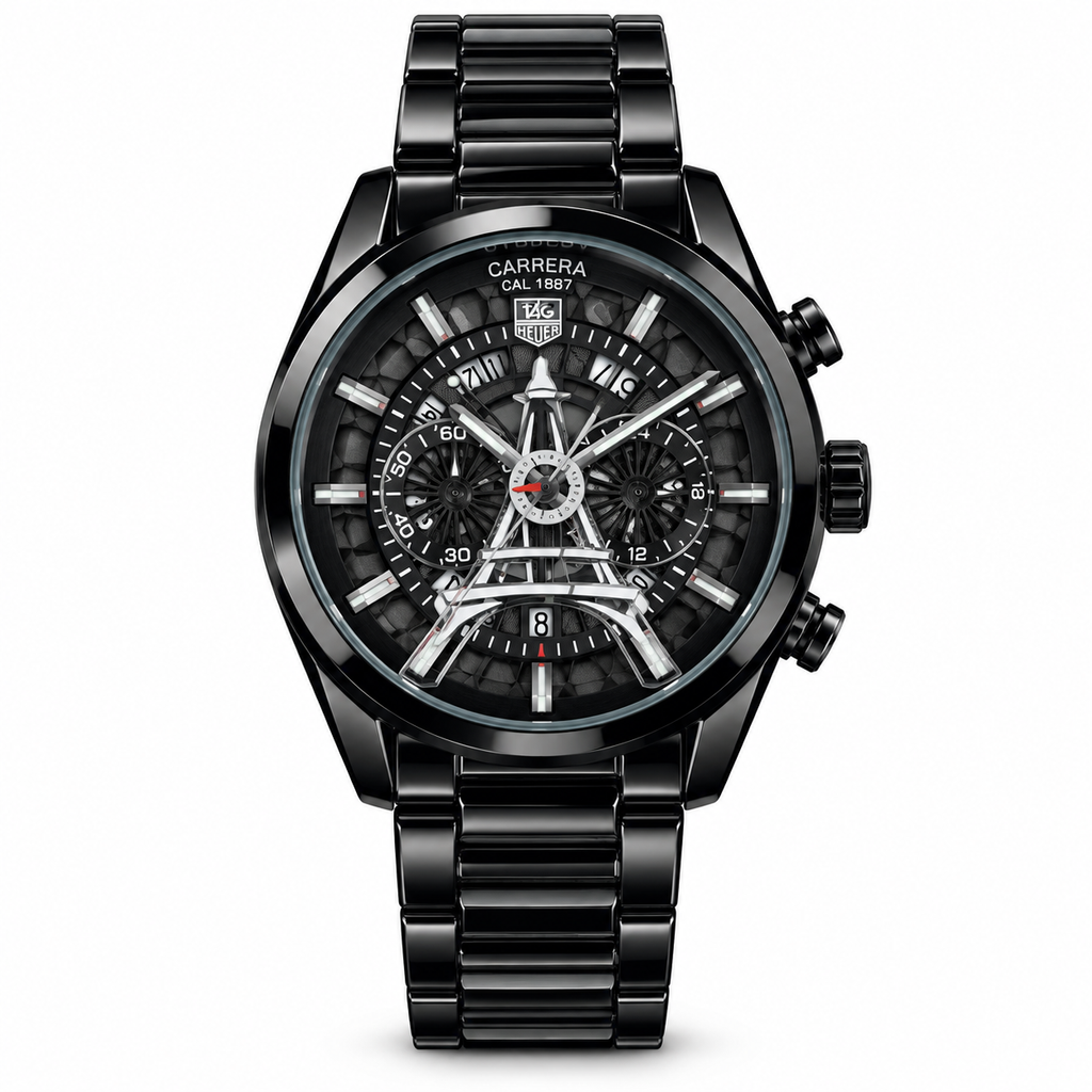TAG Heuer Carrera tower watch — black black white hero