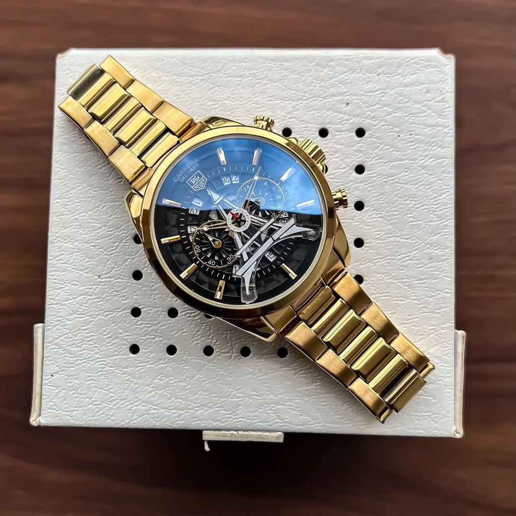 TAG Heuer Carrera tower watch — gold black front