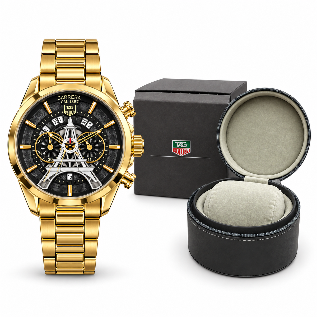 TAG Heuer Carrera tower watch — gold black watch og box