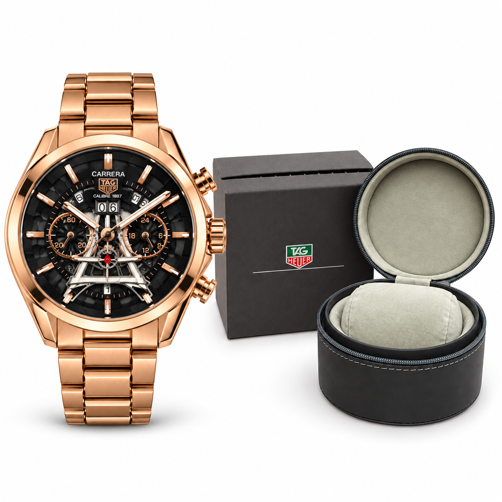 TAG Heuer Carrera tower watch — rose gold black watch og box