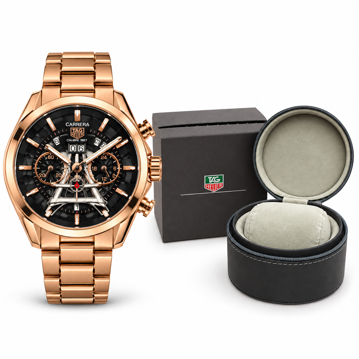 TAG Heuer Carrera tower watch — rose gold black watch og box