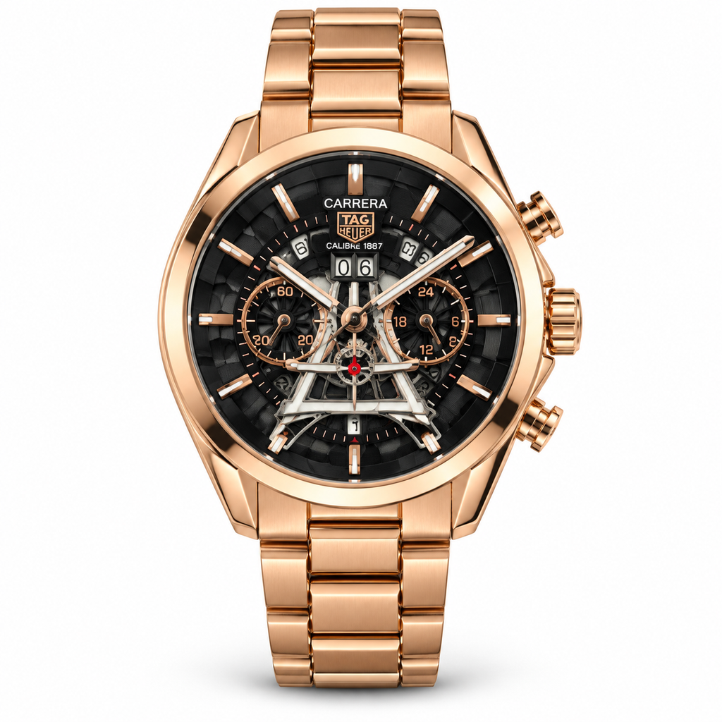 TAG Heuer Carrera tower watch — rose gold black white hero