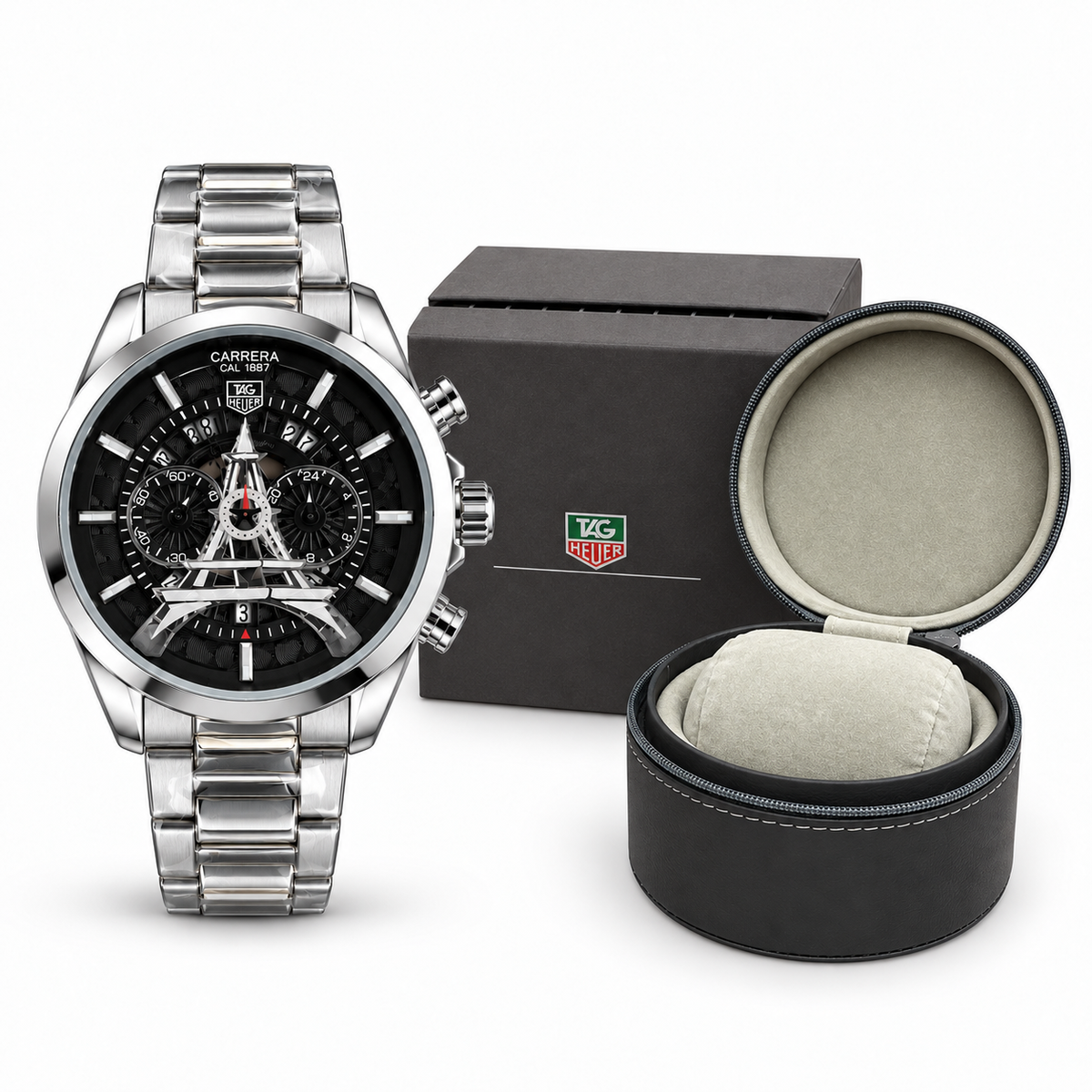 TAG Heuer Carrera tower watch — silver black watch og box