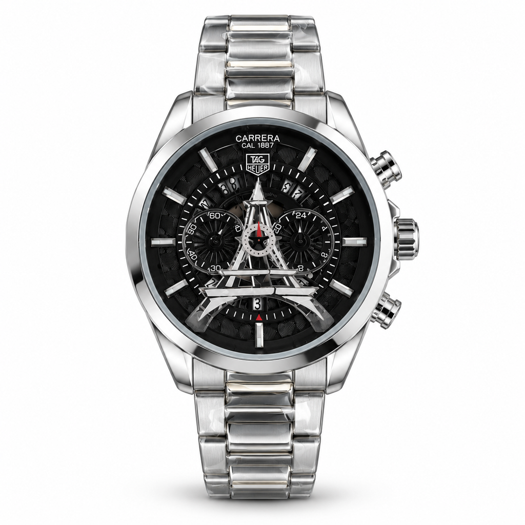 TAG Heuer Carrera tower watch — silver black white hero