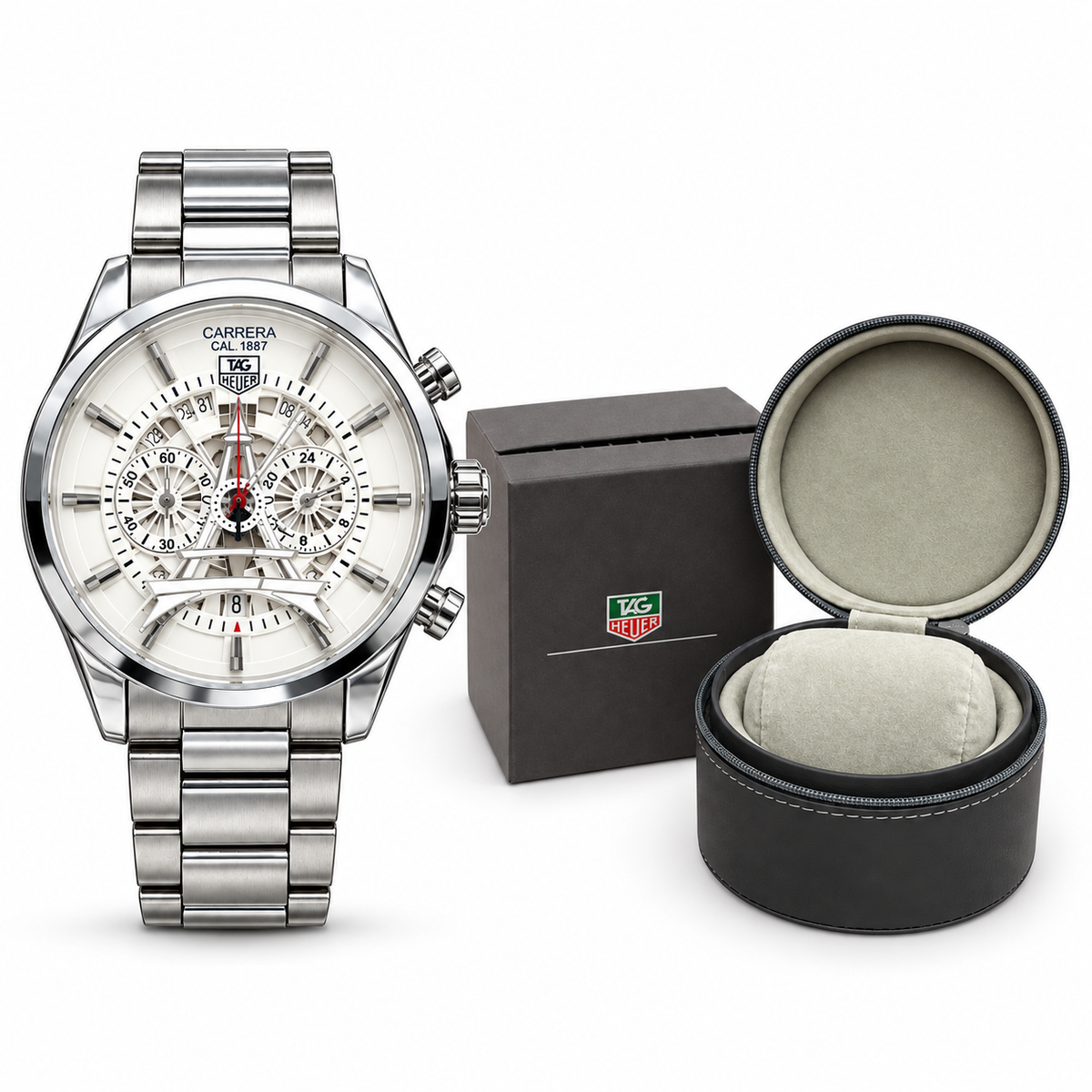 TAG Heuer Carrera tower watch — silver white watch og box