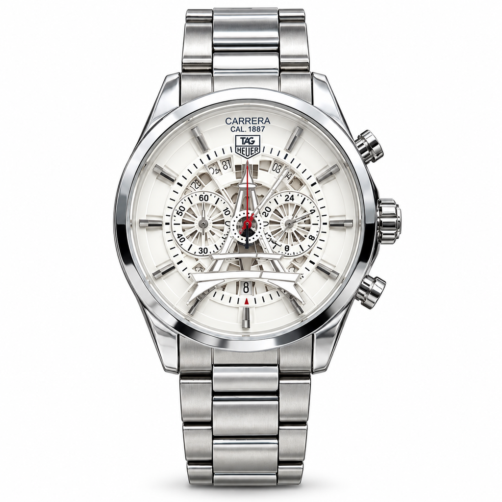 TAG Heuer Carrera tower watch — silver white white hero