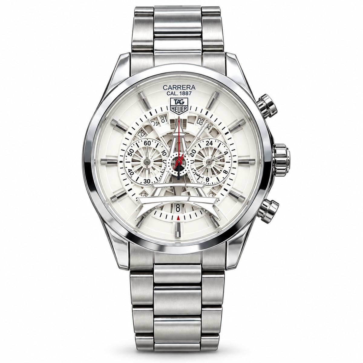TAG Heuer Carrera tower watch — silver white white hero