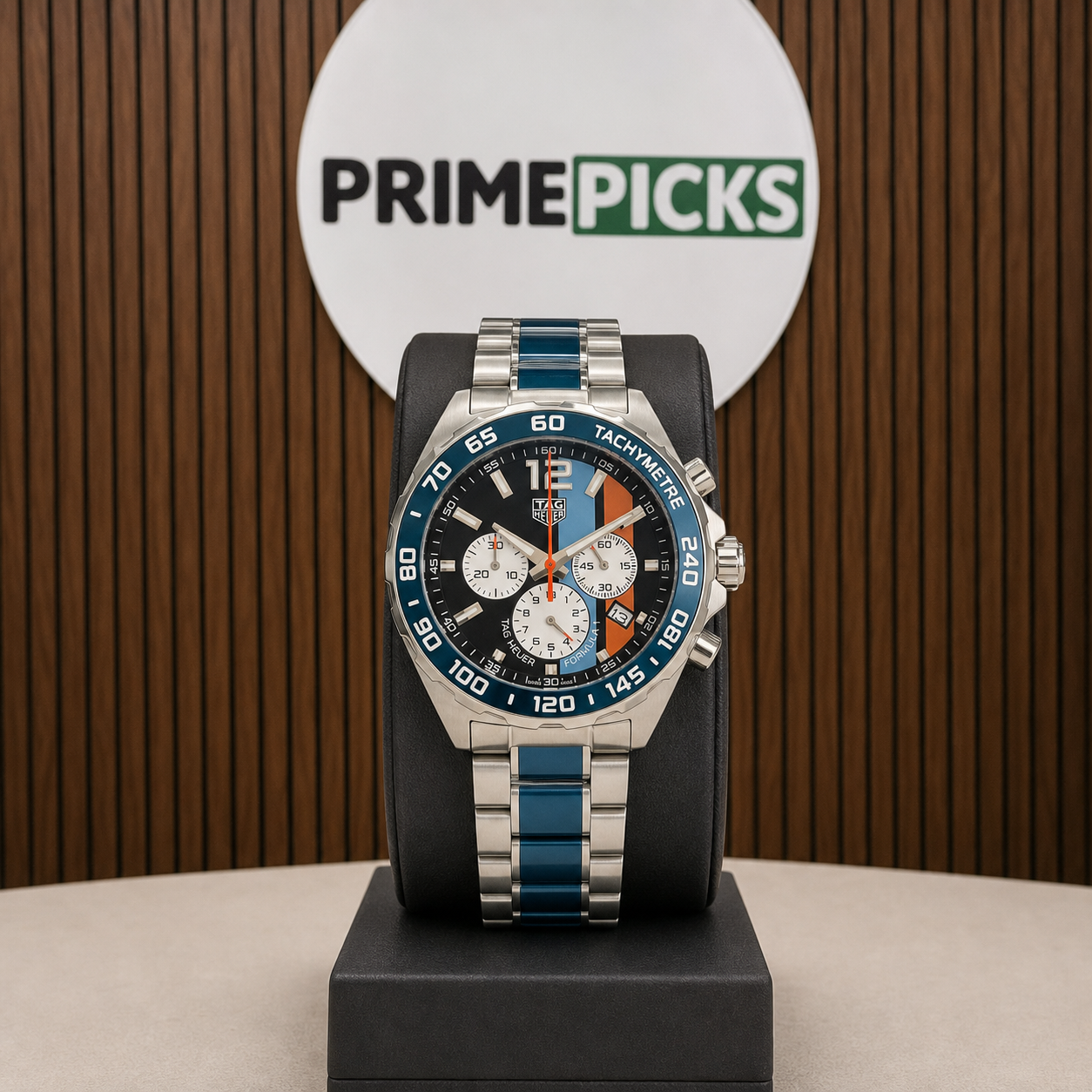 Tag Heuer Formula 1 Chronograph in front of the PRIMEPICKS logo board