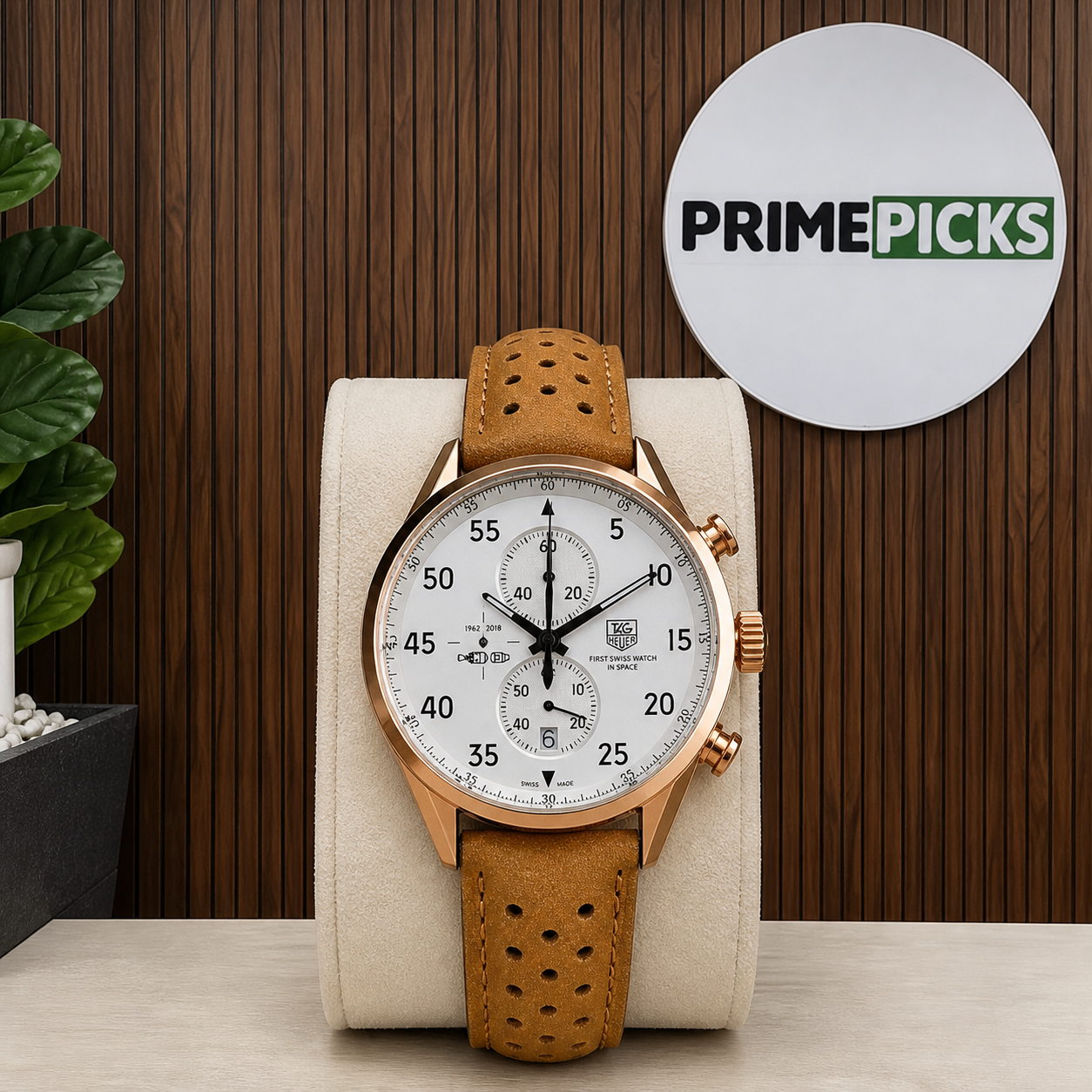 TAG Heuer SpaceX white dial men's watch at the Primepicks office logo wall