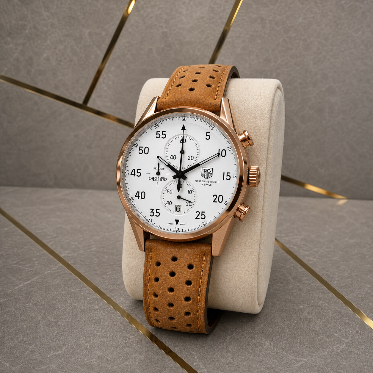 TAG Heuer SpaceX white dial men's watch against the Primepicks grey and gold office wall
