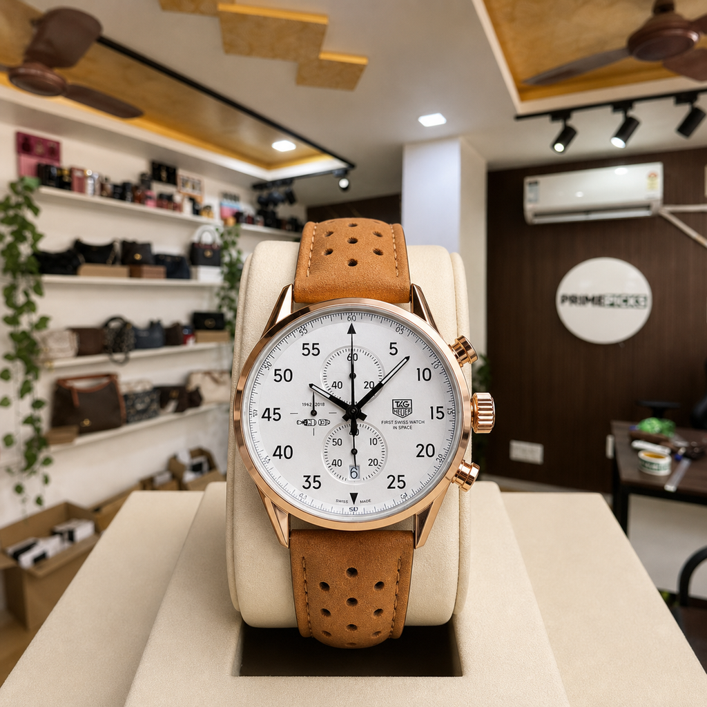 TAG Heuer SpaceX white dial men's watch in the Primepicks showroom