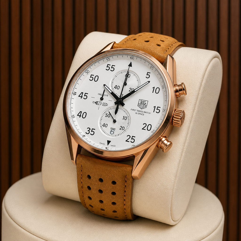 Close-up of TAG Heuer SpaceX white dial men's watch at the Primepicks wood wall