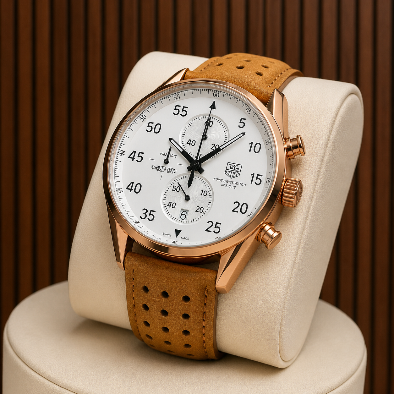 Close-up of TAG Heuer SpaceX white dial men's watch at the Primepicks wood wall