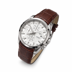 Silver case white dial brown leather strap Tissot Couturier-style watch on white background
