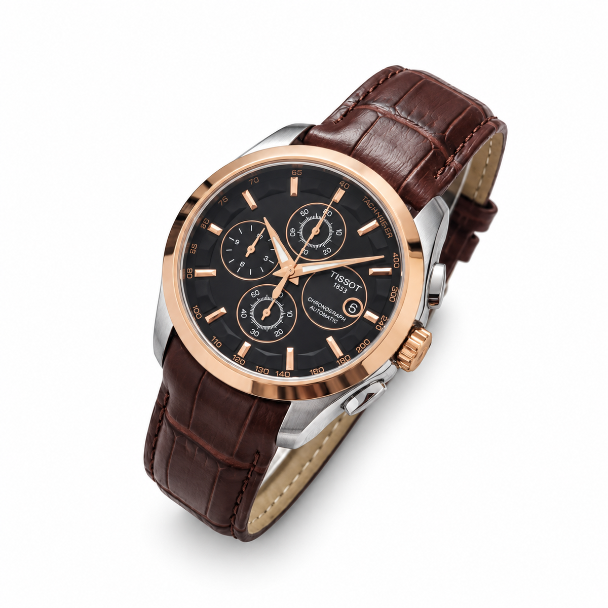 Rose-gold bezel black dial brown leather strap Tissot Couturier-style watch on white background