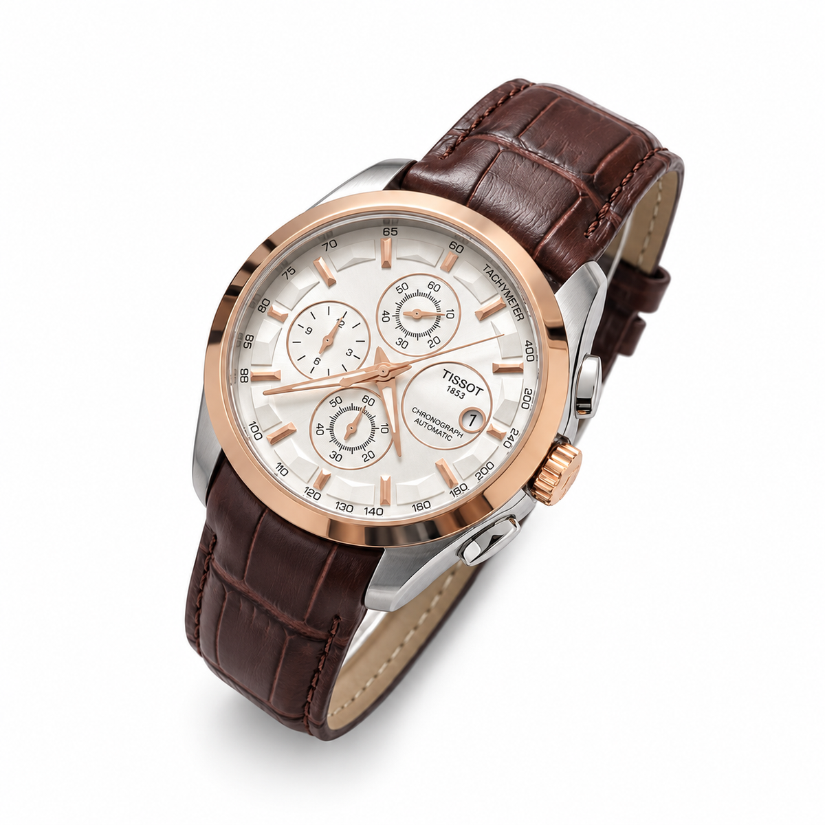 Rose-gold bezel white dial brown leather strap Tissot Couturier-style watch on white background