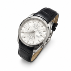 Silver case white dial black leather strap Tissot Couturier-style watch on white background